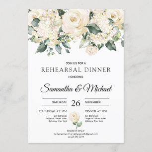 Invitation Dîner de répétition de la verdure des roses blanch