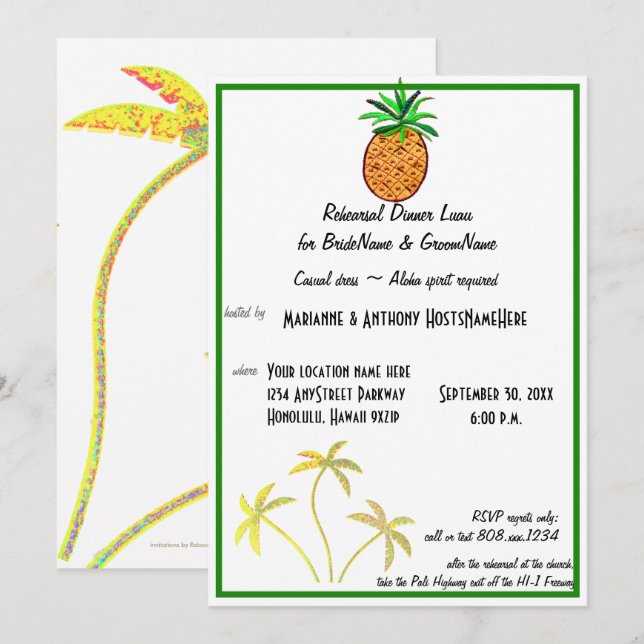 Invitation Dîner de répétition de l'ananas Luau (Devant / Derrière)