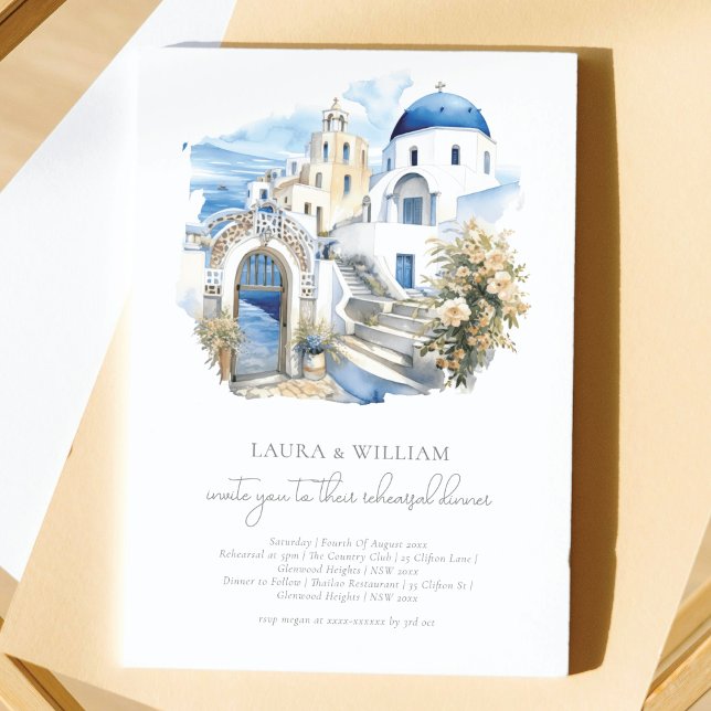 Invitation Dîner de répétition de l'aquarelle de Santorin Grè (Créateur téléchargé)