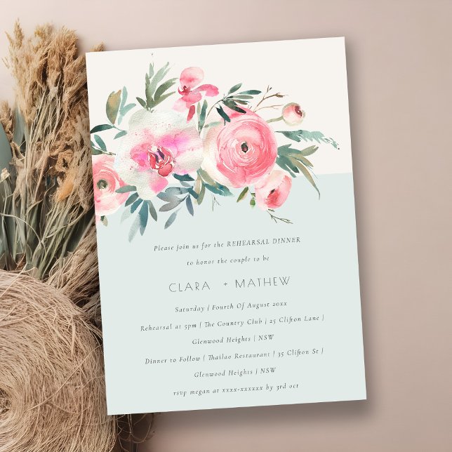 Invitation Dîner de répétition de l'Orchid Rose bleu chic (Créateur téléchargé)