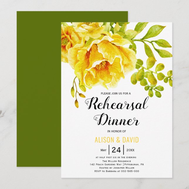 Invitation Dîner de répétition de mariage à l'aquarelle jaune (Devant / Derrière)