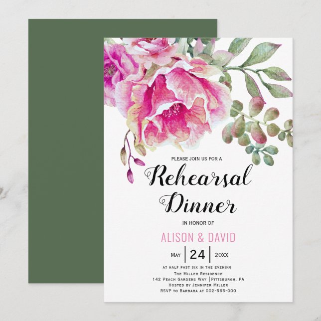 Invitation Dîner de répétition de mariage à l'aquarelle rose (Devant / Derrière)