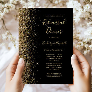 Invitation Dîner de répétition de mariage Black Gold Glitter