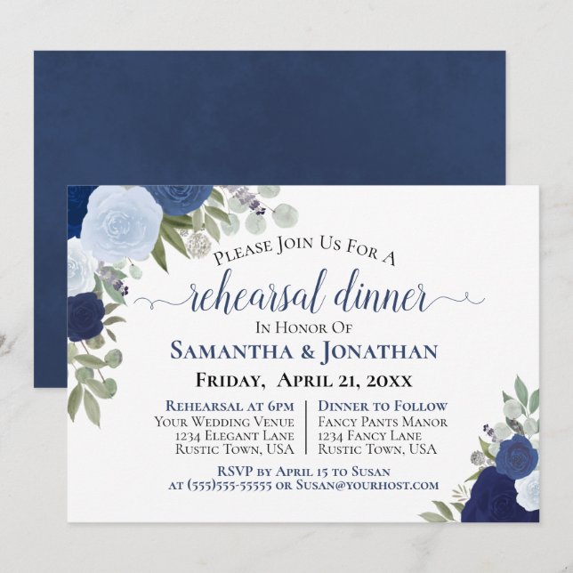 Invitation Dîner de répétition de Mariage bleu rustique Rose (Devant / Derrière)