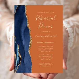 Invitation Dîner de répétition de mariage Blue Gold Agate Rus