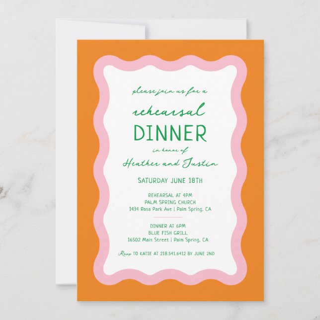 Invitation Dîner de répétition de mariage coloré rétro ondulé (Devant)