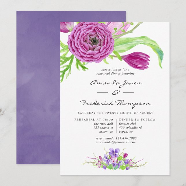 Invitation Dîner de répétition de Mariage de couleur d'aquare (Devant / Derrière)