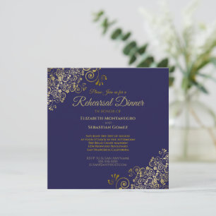 Invitation Dîner de répétition de mariage élégant or et marin