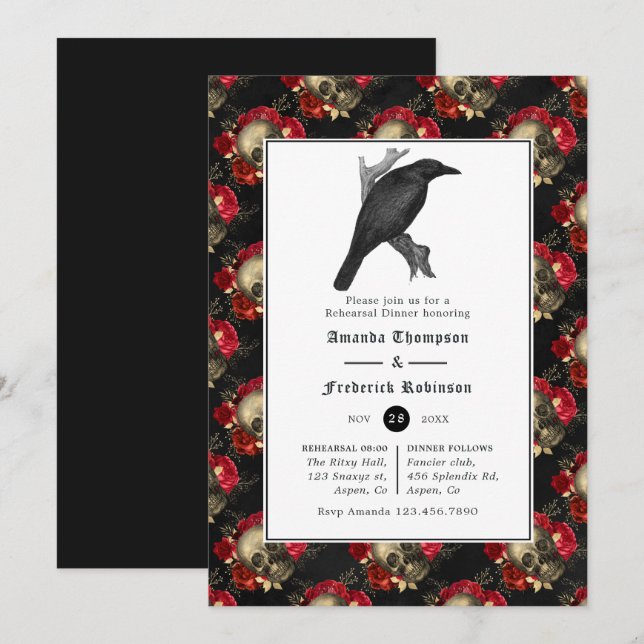 Invitation Dîner de répétition de Mariage gothique floral (Devant / Derrière)