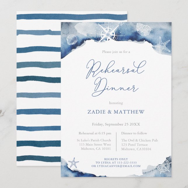 Invitation Dîner de répétition de Mariage nautique bleu de la (Devant / Derrière)