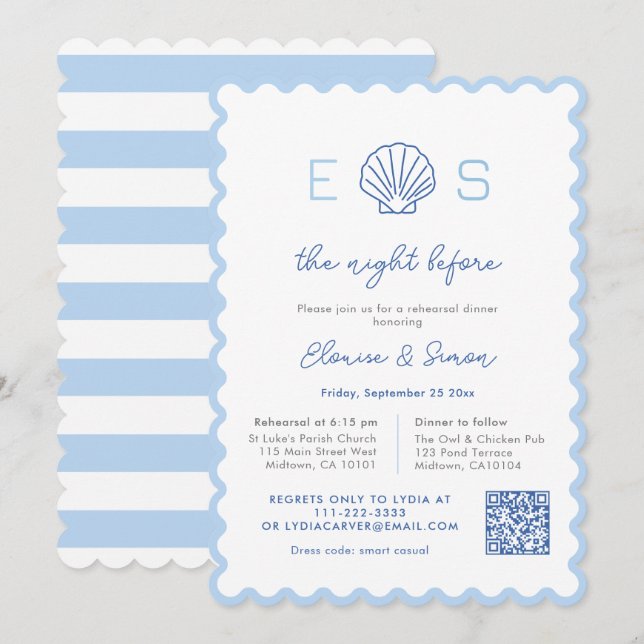 Invitation Dîner de répétition de Mariage nautique Monogramme (Devant / Derrière)
