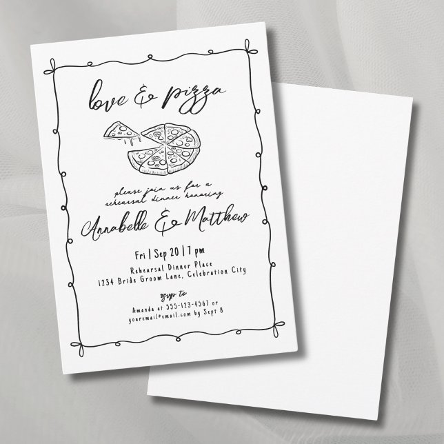 Invitation Dîner de répétition de mariage Pizza Love dessiné  (Hand Drawn Love Pizza Wedding Rehearsal Dinner Invitation)