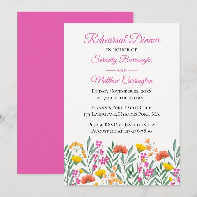 Invitation Dîner de répétition de Mariage rose fleur sauvage (Devant / Derrière)