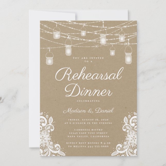 Invitation Dîner de répétition de mariage Rustic Lights (Devant)