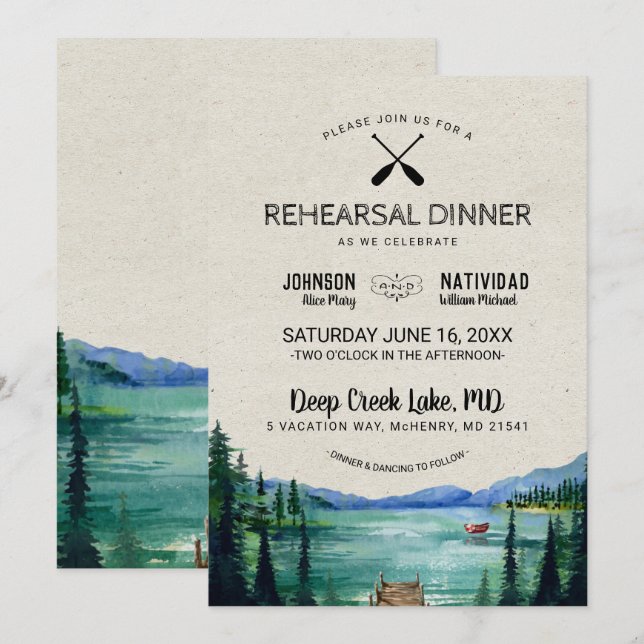 Invitation Dîner de répétition de mariage rustique au bord du (Devant / Derrière)