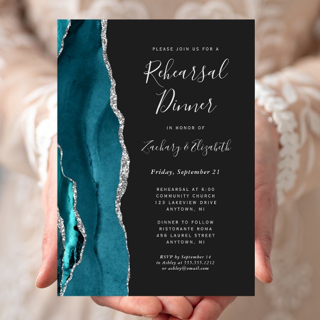 Invitation Dîner de répétition de mariage Teal Silver Agate D (Créateur téléchargé)