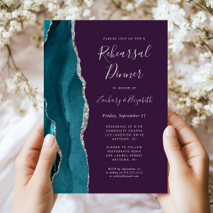 Invitation Dîner de répétition de mariage Teal Silver Agate P