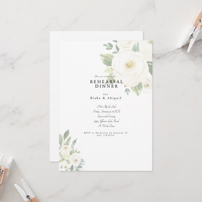 Invitation Dîner de répétition de Mariages floraux blancs (Devant/Arrière en situation)