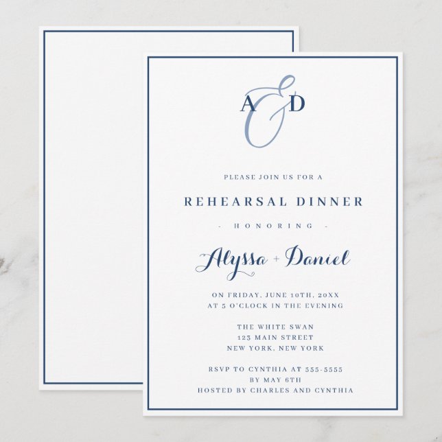 Invitation Dîner de répétition de monogramme bleu de la Marin (Devant / Derrière)