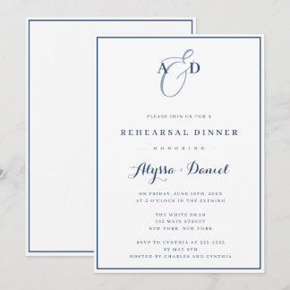 Invitation Dîner de répétition de monogramme bleu de la Marin