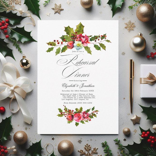 Invitation Dîner de répétition de Noël Elegant Holly et Ivy (Christmas Wedding Rehearsal Dinner Invitation)