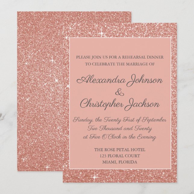 Invitation Dîner de répétition de Parties scintillant rose Ro (Devant / Derrière)
