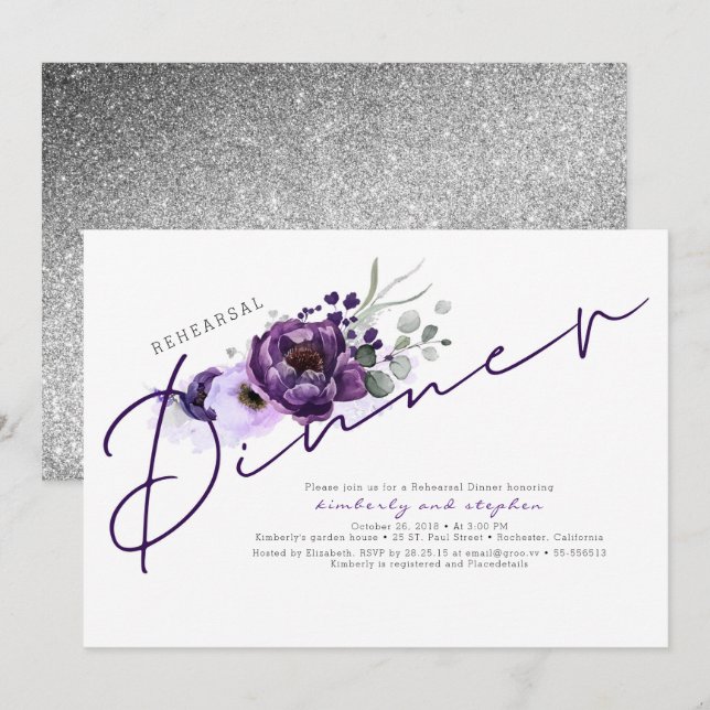 Invitation Dîner de répétition de Parties scintillant violett (Devant / Derrière)
