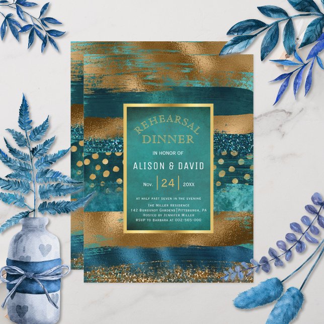 Invitation Dîner de répétition de pinceau or et turquoise (Créateur téléchargé)