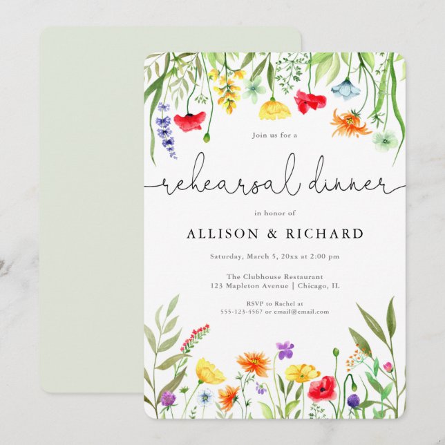 Invitation Dîner de répétition de printemps fleur sauvage col (Devant / Derrière)