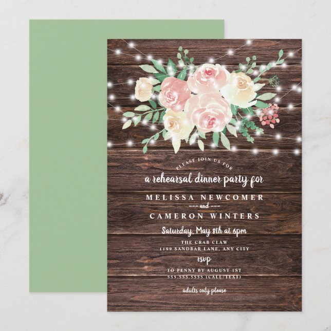 Invitation Dîner de répétition de Rustic Wood Blush Floral (Devant / Derrière)