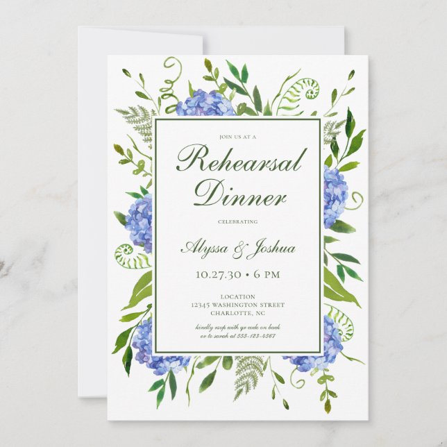 Invitation Dîner de répétition de script Hydrangeas bleues (Devant)