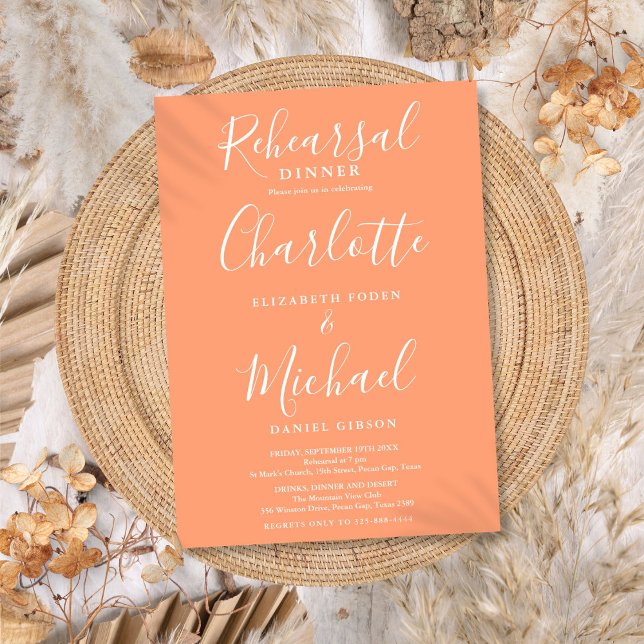 Invitation Dîner de répétition de signature pêche (Peach Signature Script Rehearsal Dinner Invitation)