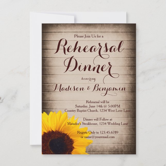 Invitation Dîner de répétition de tournesol en bois rustique  (Devant)