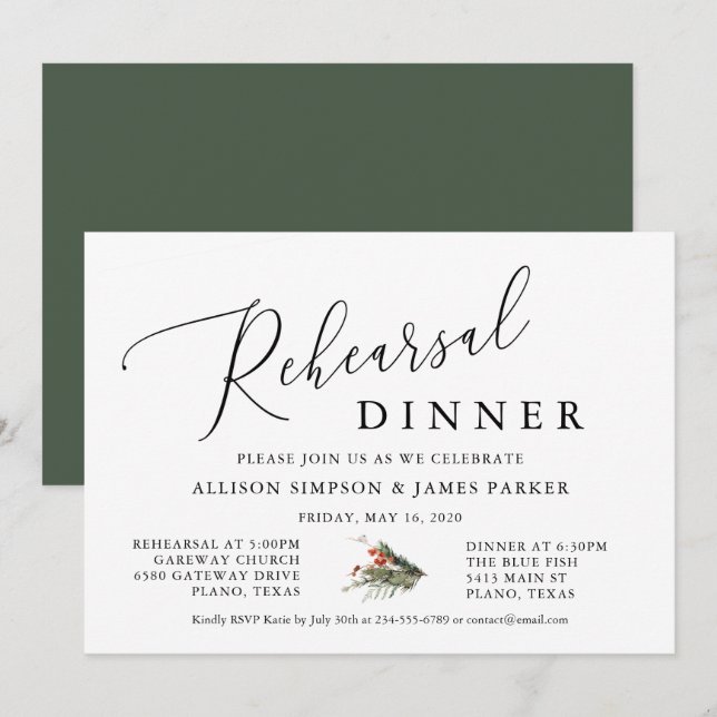 Invitation Dîner de répétition de vacances vert d'hiver Invit (Devant / Derrière)