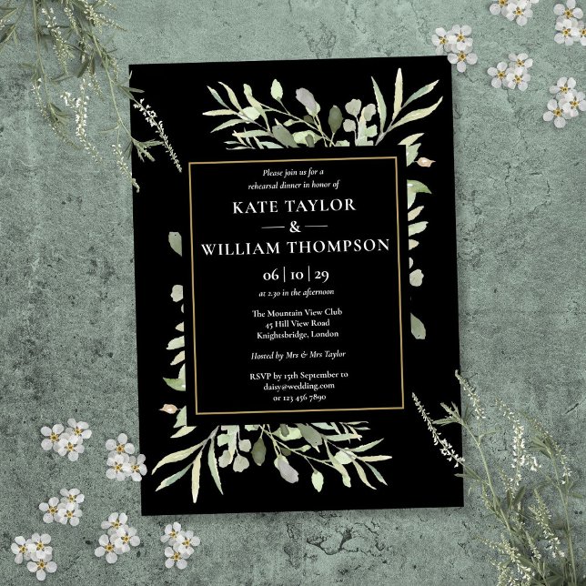Invitation Dîner De Répétition De Verdure Noire Et Or (Black And Gold Greenery Rehearsal Dinner Invitation)