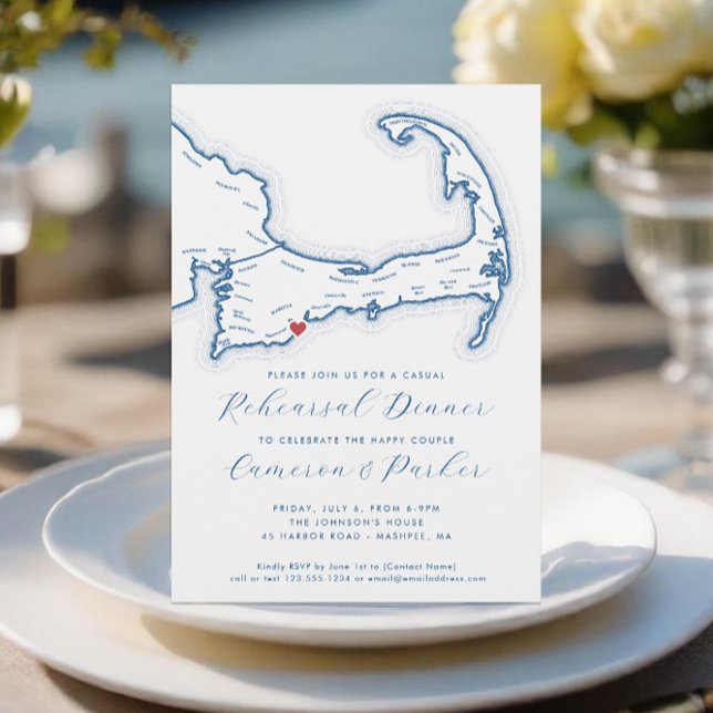 Invitation Dîner de répétition Décontracté Mashpee MA Mariage (Mashpee MA Casual Cape Cod Wedding Rehearsal Dinner Invitation in Navy Blue from Coastal Map Designs)