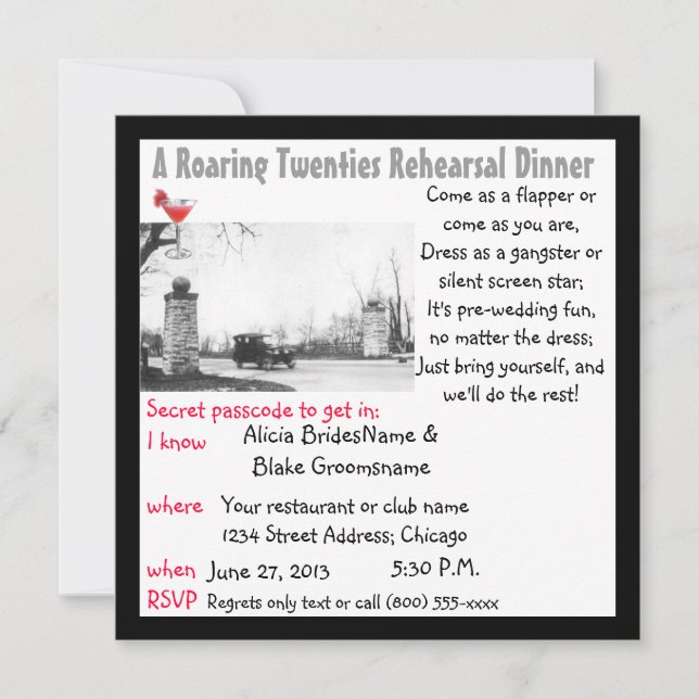 Invitation Dîner de répétition des années 20 (Devant)