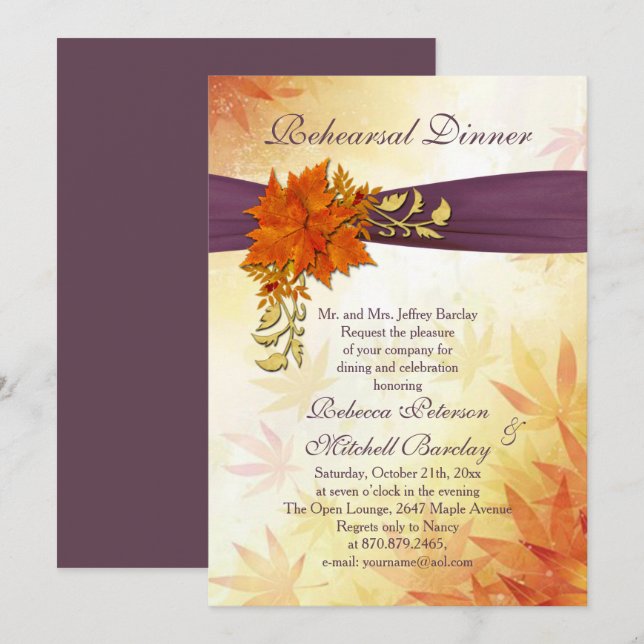 Invitation Dîner de répétition des feuilles d'Orange et d'or (Devant / Derrière)