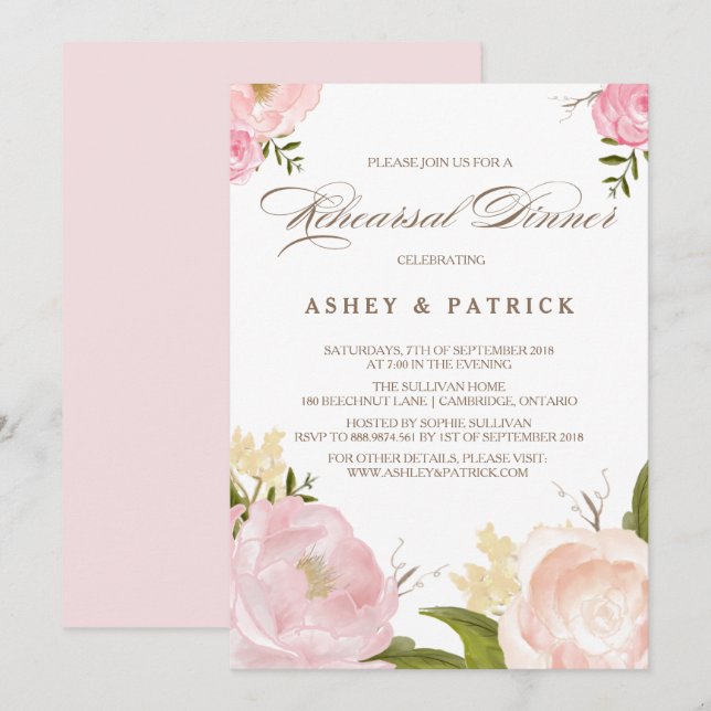 Invitation Dîner de répétition des fleurs d'aquarelle romanti (Devant / Derrière)