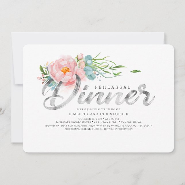 Invitation Dîner de répétition des fleurs d'argent et de rose (Devant)