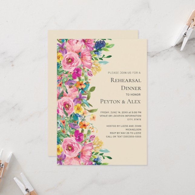 Invitation Dîner de répétition des Fleurs sauvages d'aquarell (Devant/Arrière en situation)