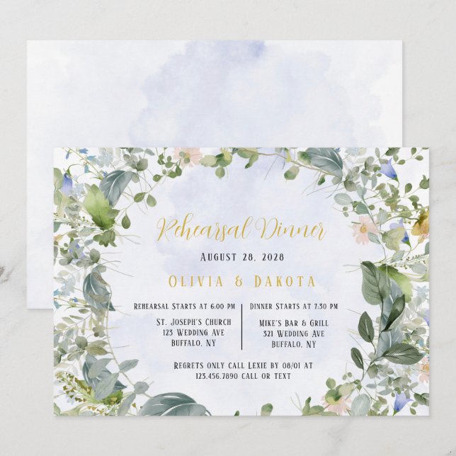 Invitation Dîner de répétition des Fleurs sauvages Dusty Blue (Devant / Derrière)
