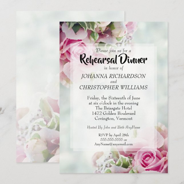Invitation Dîner de répétition des Mariages rose et Roses flo (Devant / Derrière)