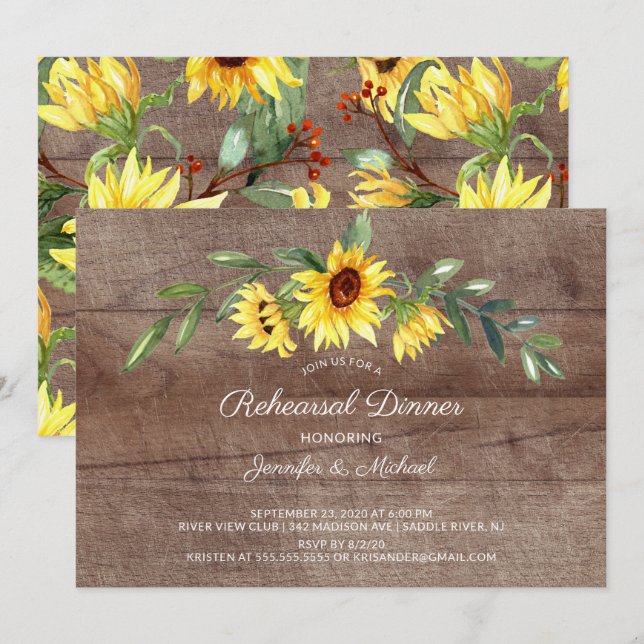 Invitation Dîner de répétition des tournesols jaunes rustique (Devant / Derrière)