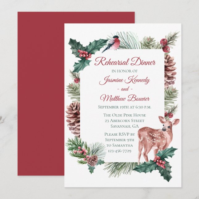 Invitation Dîner de répétition d'hiver Cerf Rouge Noël Floral (Devant / Derrière)
