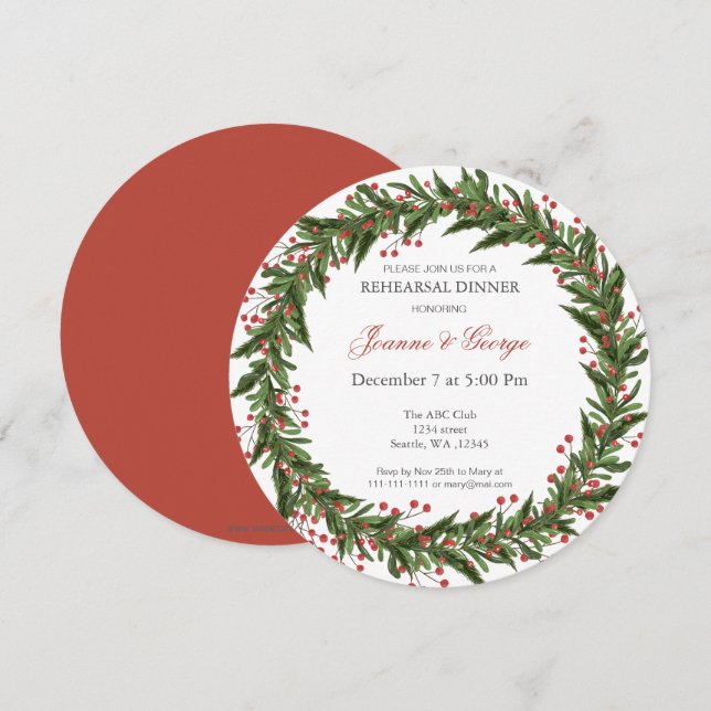 Invitation Dîner de répétition d'hiver de Noël Holly Wreath (Devant / Derrière)