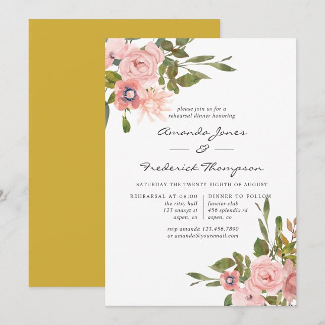 Invitation Dîner de répétition d'or et d'aquarelle florale (Devant / Derrière)