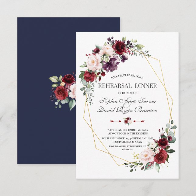 Invitation Dîner de répétition d'or floral bordeaux luxueux (Devant / Derrière)