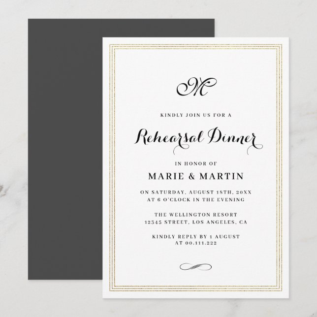 Invitation Dîner de répétition d'ossature de feuille d'or à s (Devant / Derrière)