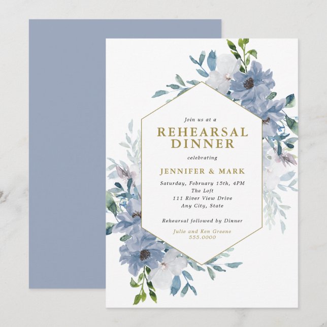 Invitation Dîner de répétition du Bouquet floral bleu (Devant / Derrière)